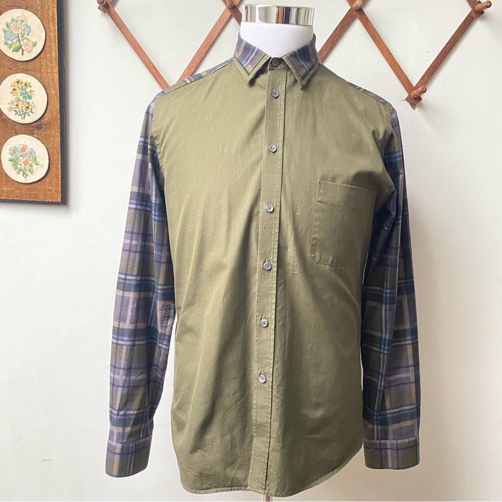 Givenchy Paris Plaid Sleeve Designer Button Up Olive Green Shirt Medium